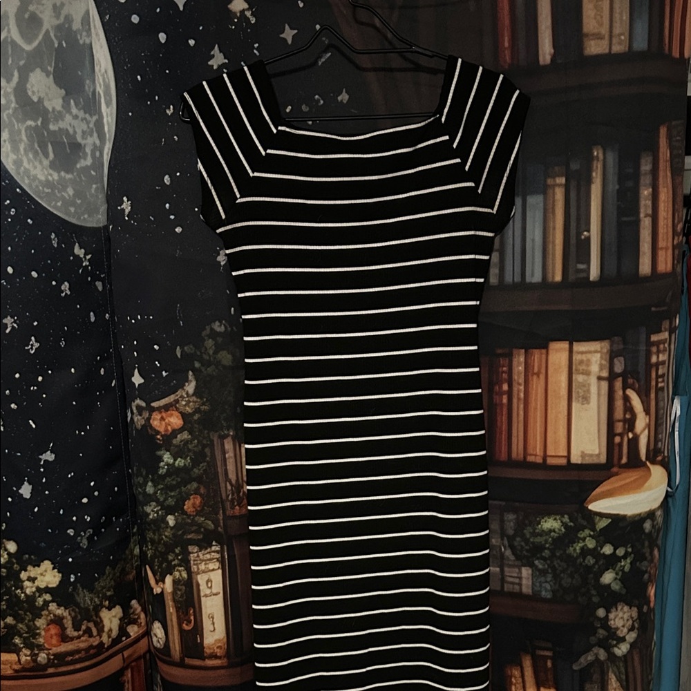 Derek Heart Black with White Stripes Midi Sheath Dress